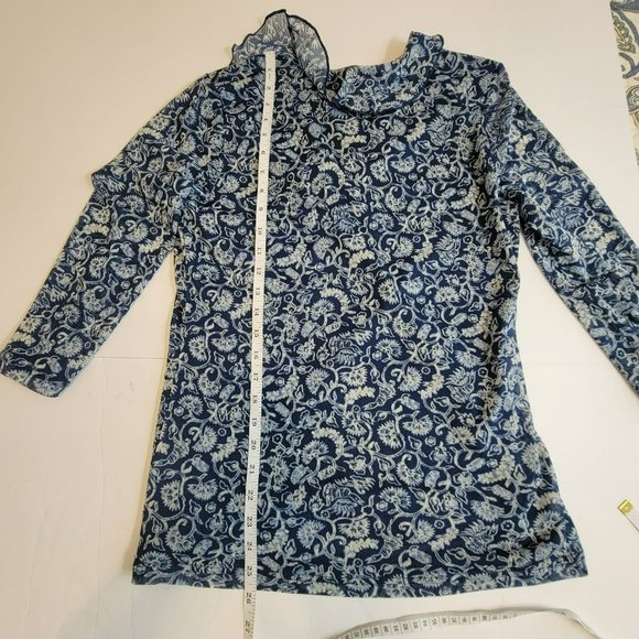 Chaps Blouse, Women's LG, Blue Floral Abstract w/Waterfall Ruffle Collar, EUC - Picture 10 of 11